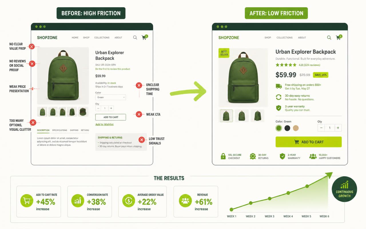 Before and after product page mockups showing friction removed and clearer trust signals